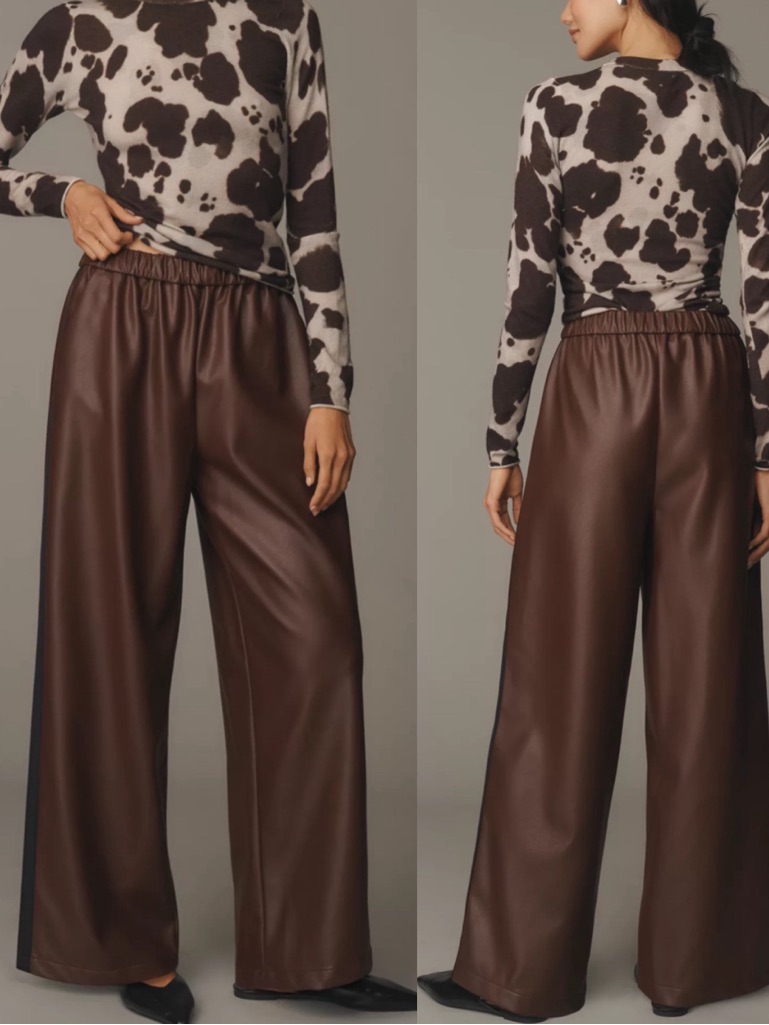 Maeve X Anthropologie Faux Leather Track Pants Cocoa Plum Brown Black Sidestripe